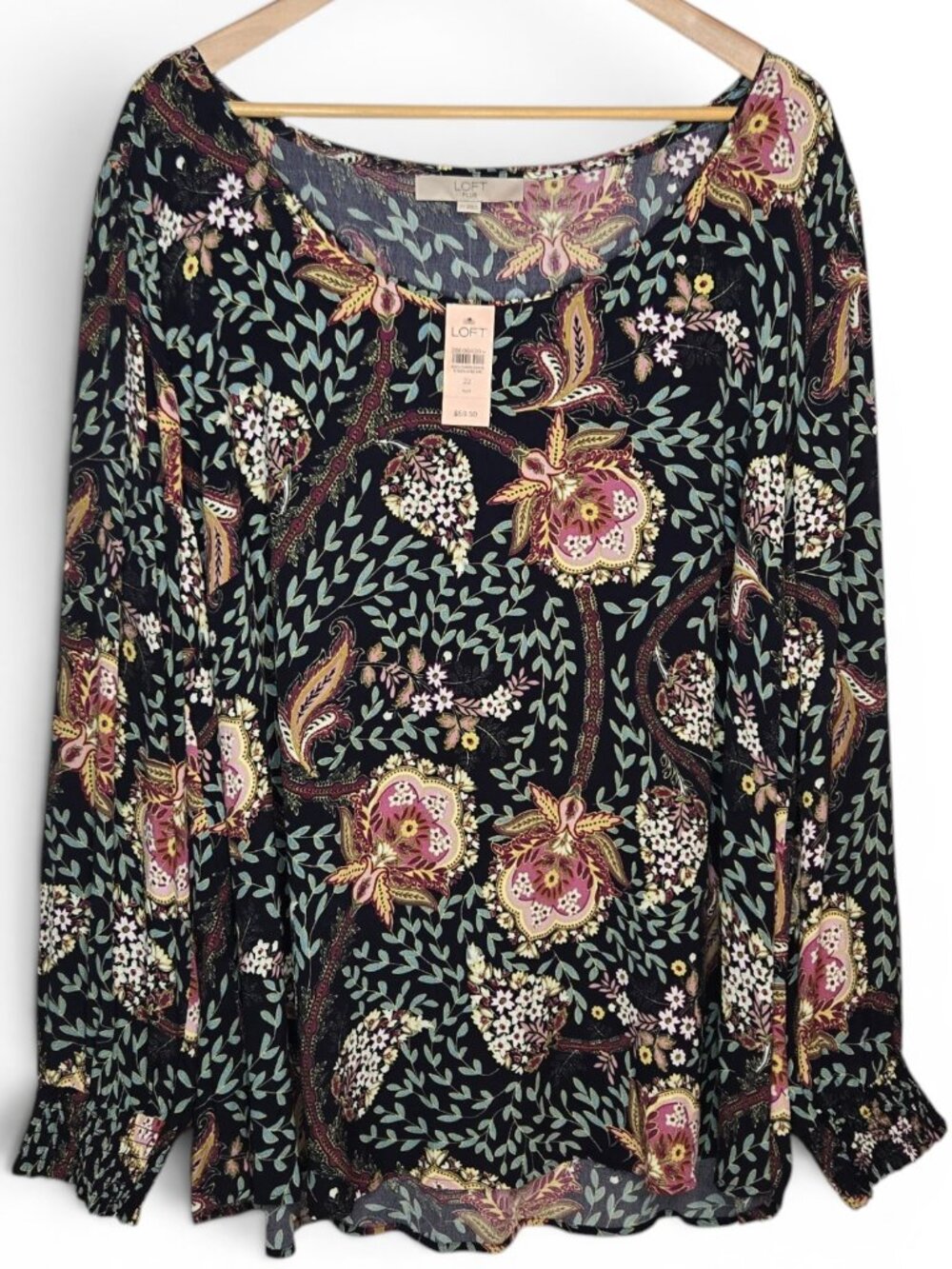 NWT Loft Plus Floral Blouse Womens Navy Long Sleeve Smocked Cuff Scoop Neck‎ 22